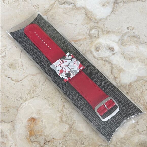 NEW! STAMPS Red Strap Oversized Square Funky Abstract Multicolour Watch in Box - Picture 1 of 8